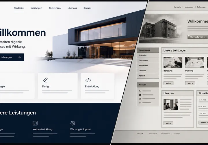 Vorher/Nachher: veraltete Website links, modernes look4more Webdesign rechts