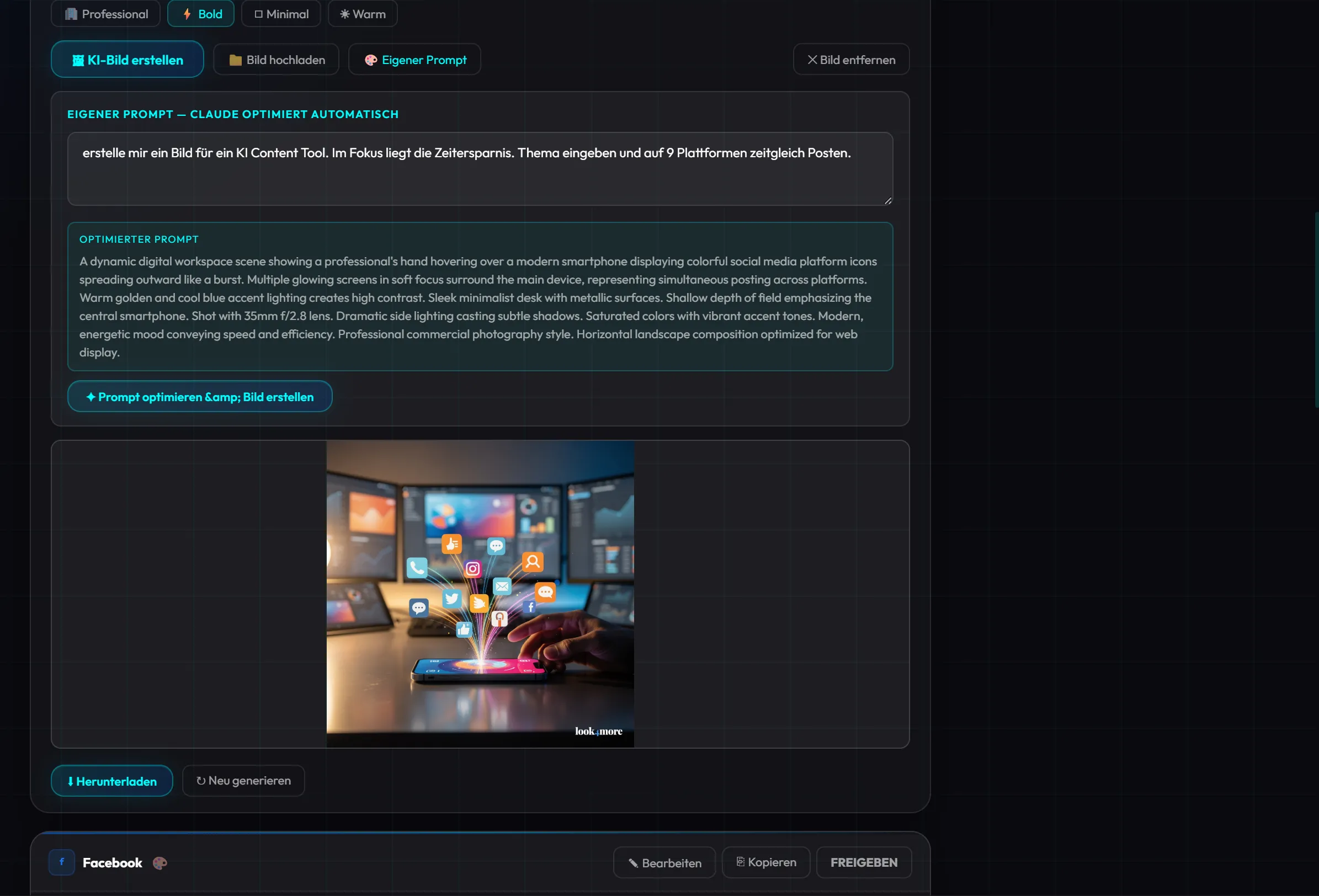 Von der KI im look4more Content-Tool generiertes Bild zu einem Post-Briefing, inklusive look4more-Wasserzeichen
