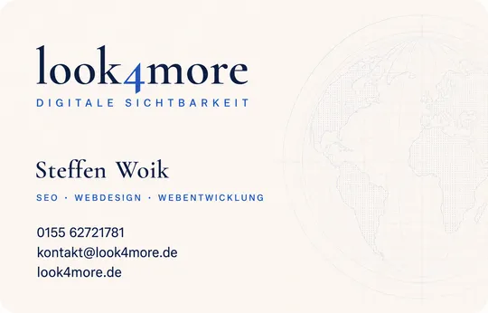 Visitenkarte look4more, Vorderseite: Steffen Woik, SEO, Webdesign, Webentwicklung
